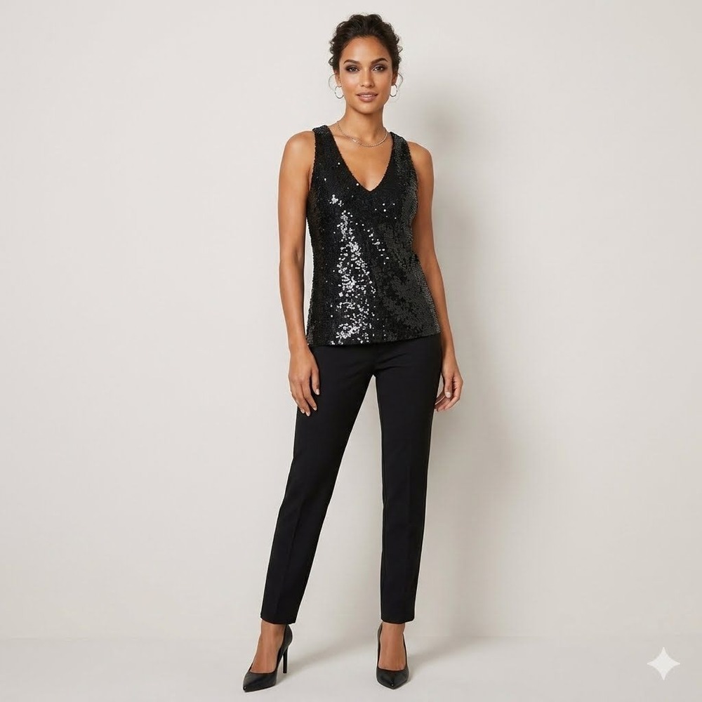 INC International Concepts‎ Women Black Sequin V-Neck Tank Top Sleeveless Medium
